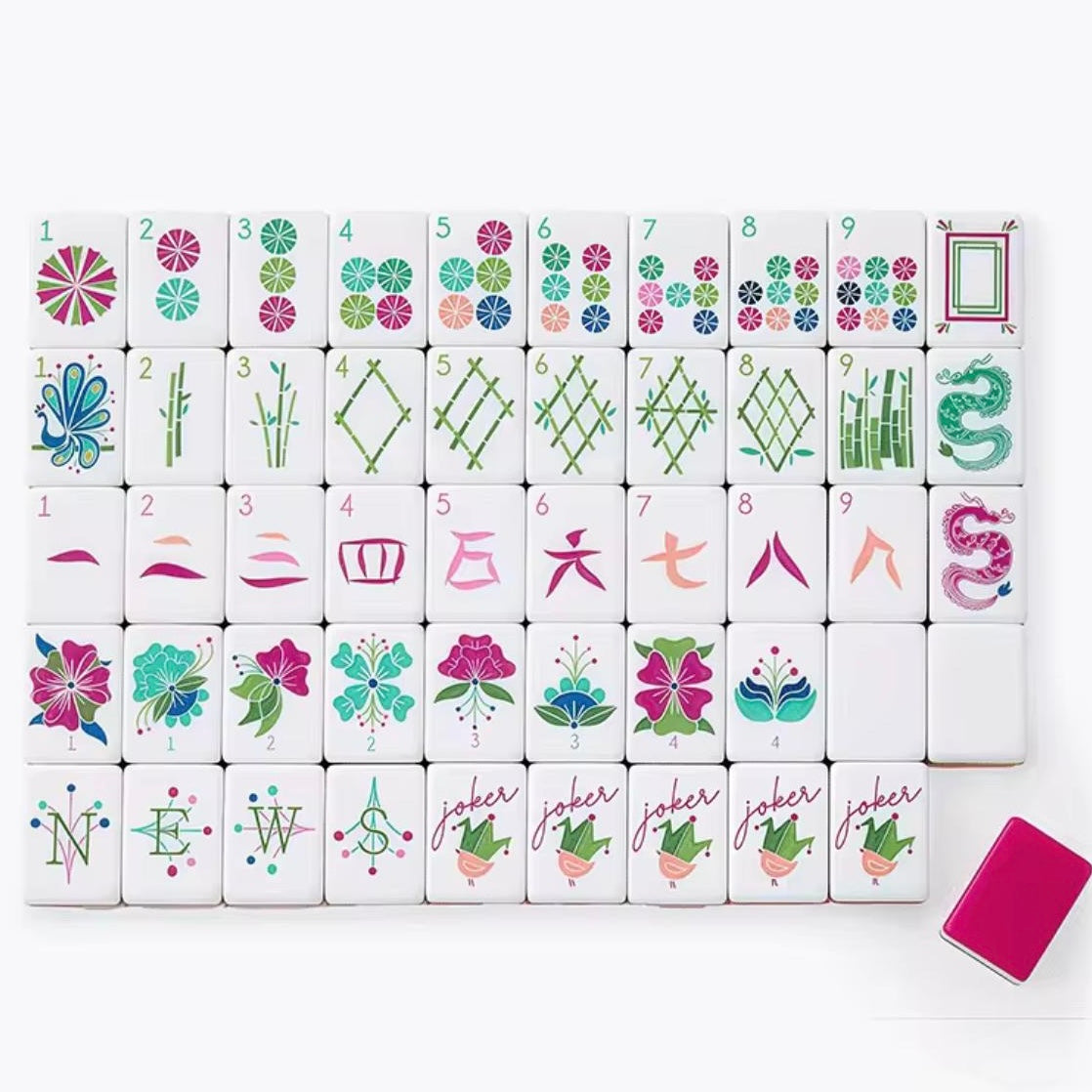 Fuchsia and white Mahjong tiles set
