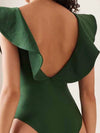 Dark green one piece ruffled shoulders swimsuit