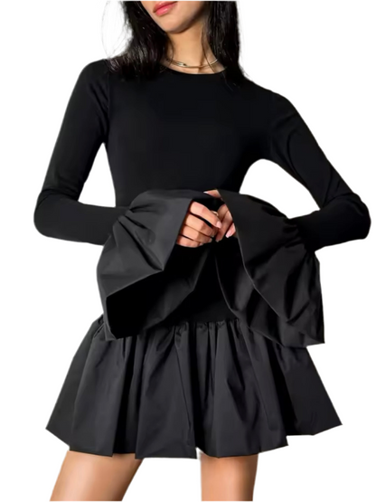 Black long sleeves ruffled mix fabrics short dress