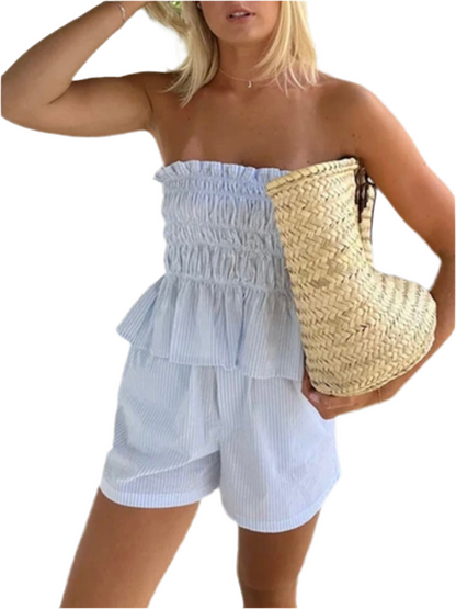 White and light blue striped strapless top and short set