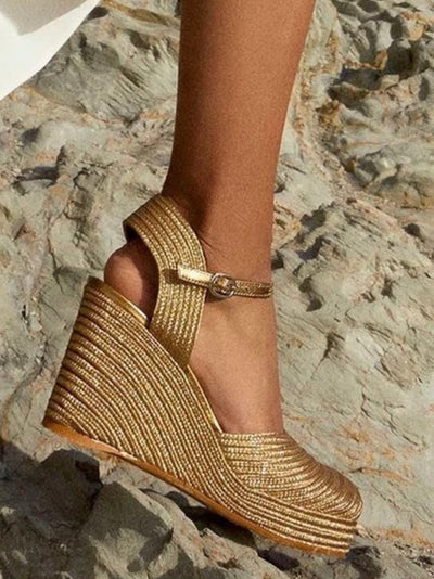 Golden platform espadrille wedge sandals