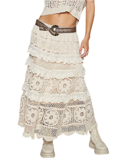 Beige lace crochet layered maxi skirt