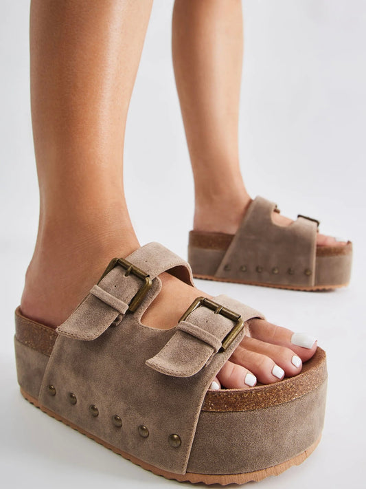 Light brown flat platform slides sandals