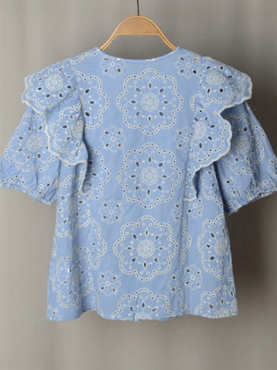 Light blue ruffles and lace top