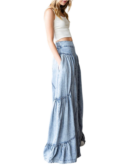 Mid blue boho wide leg pants