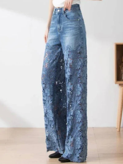 Flare lace mid blue jeans pants