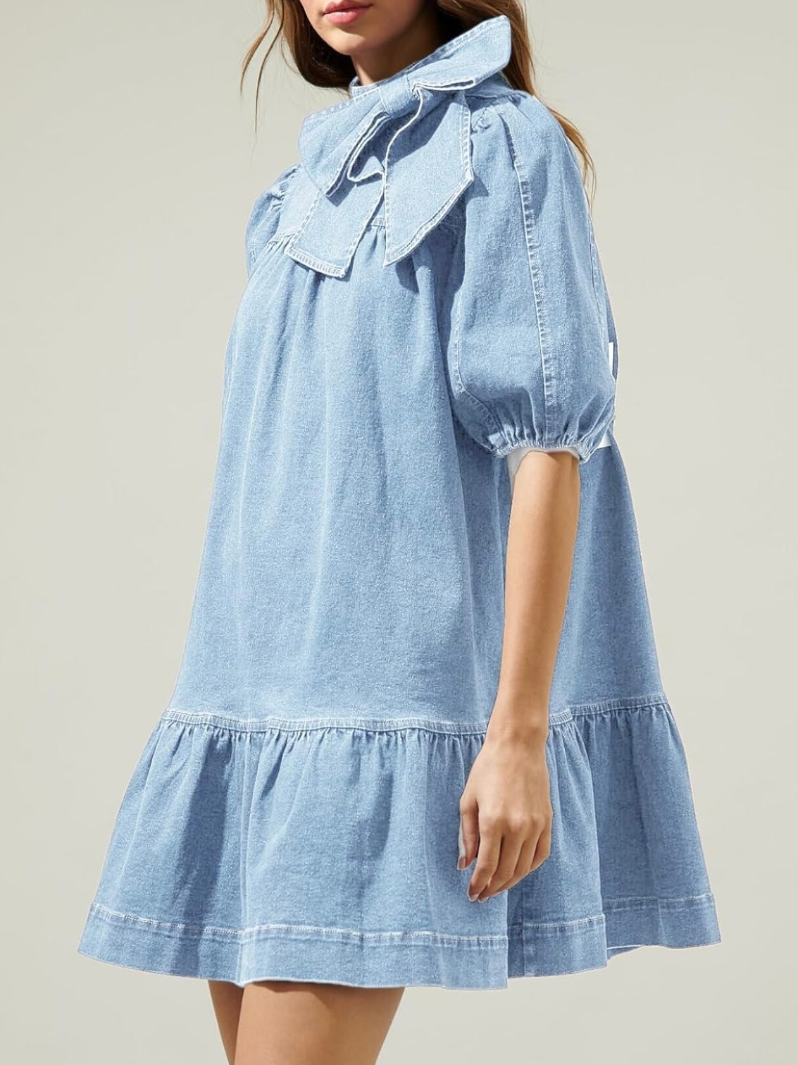 Deep blue short puff sleeves bow jeans short dress