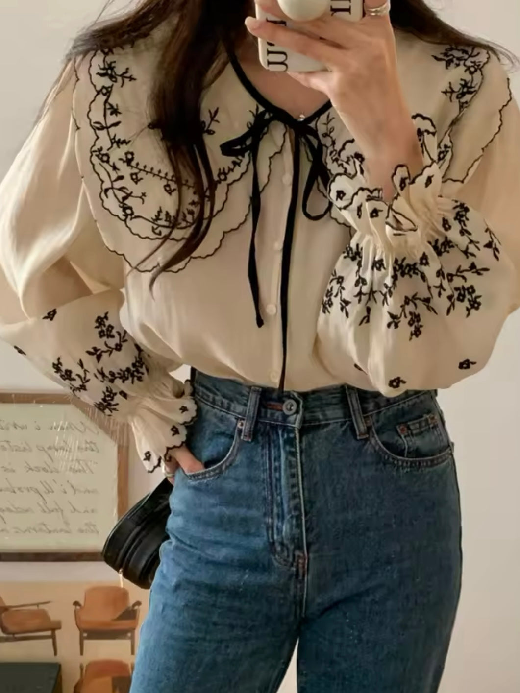 Black and beige embroidered details shirt