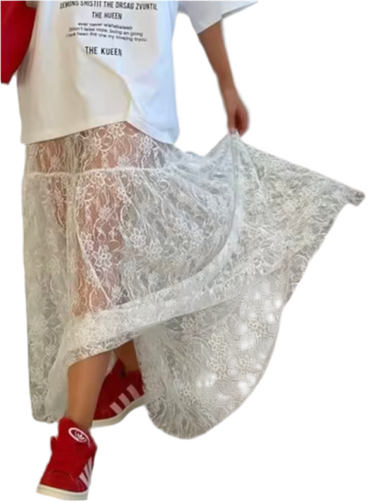 Off White lace fabric wide maxi skirt