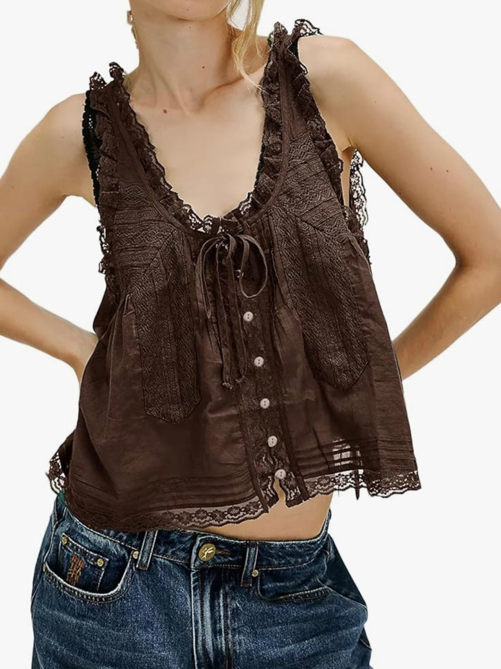 Solid colors buttoned lace edge tank top