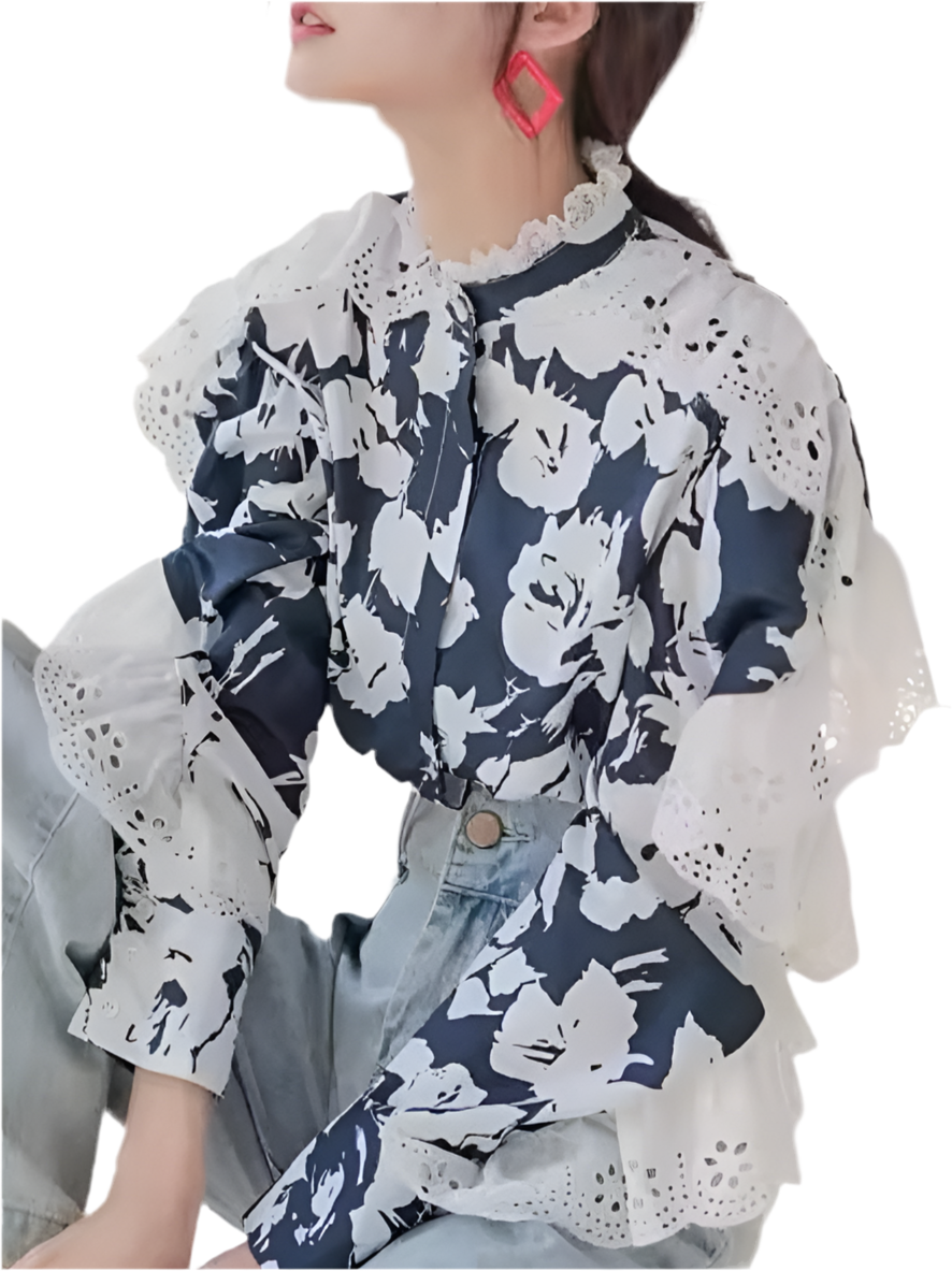 Olga blue floral lace details shirt