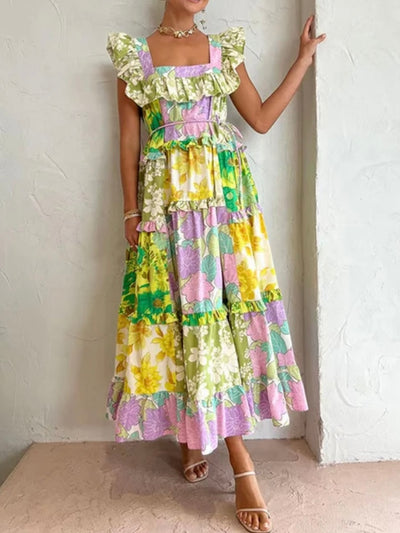 Yellow and green floral print maxi dress
