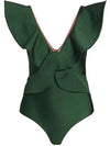 Dark green one piece ruffled shoulders swimsuit