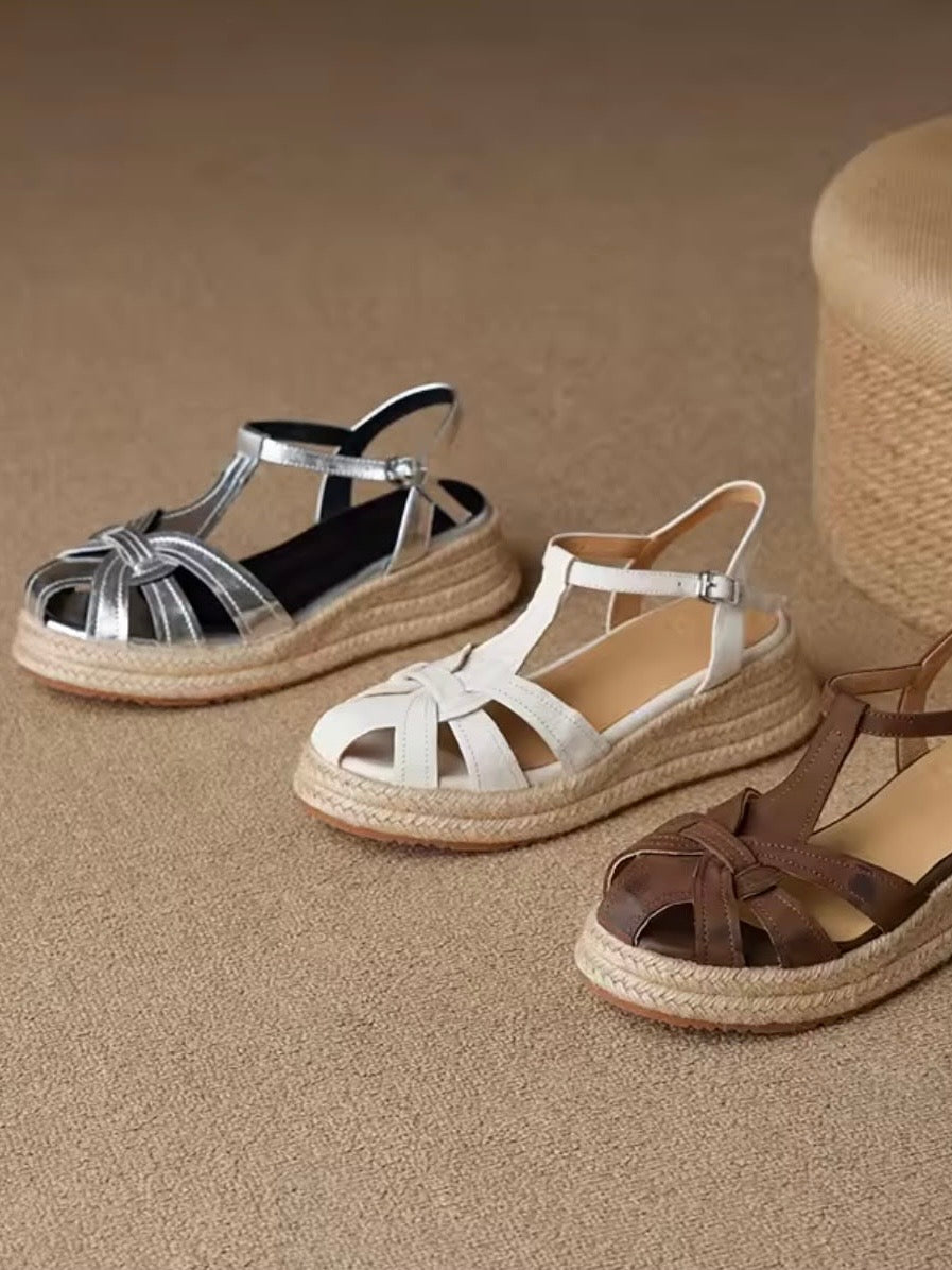 Off white, brown and silver espadrilles platform sandals