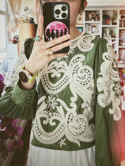 Dark green crochet floral lace shirt