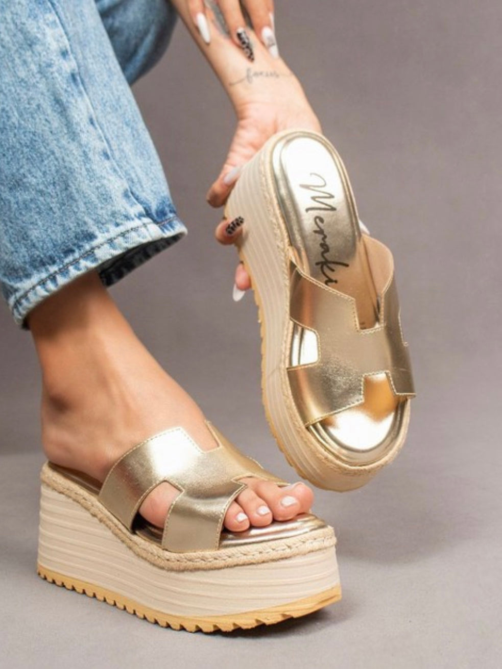 Gold wedge high heels platform sandals