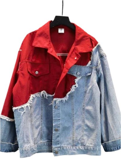 Red and mid blue denim jacket