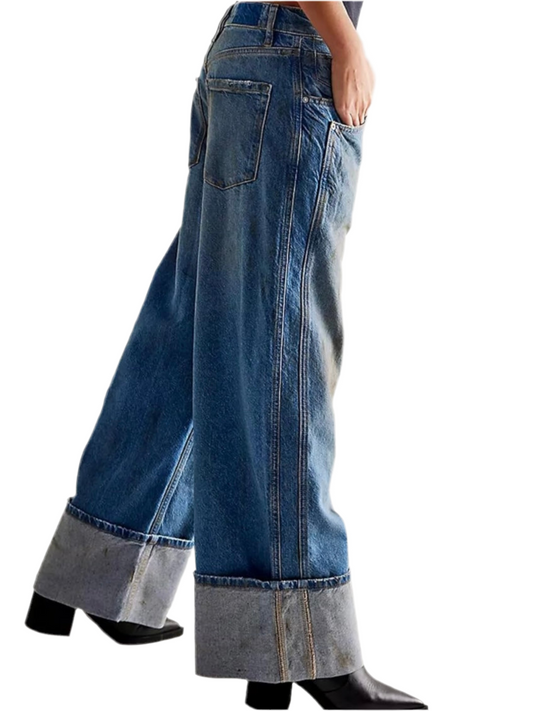 Blue washed and dirty wide jeans pants