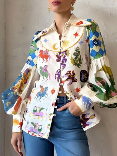 Beige snakes, horses and birds printed shirt