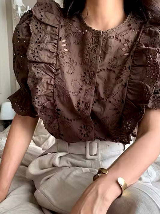 Brown ruffles lace shirt