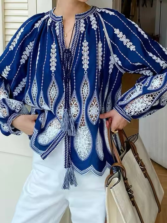 Blue and white embroidered shirt