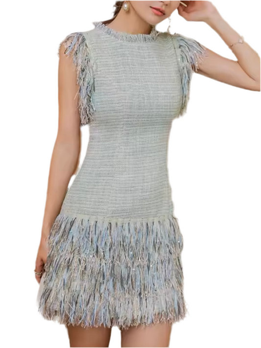 Light blue spaghetti fringes tassels tube mini dress