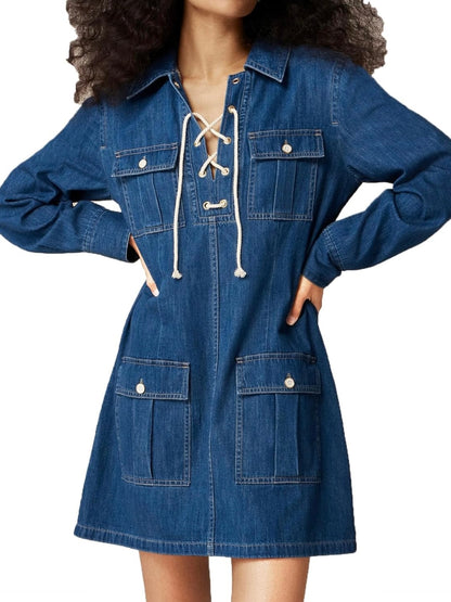 Long sleeve denim dress casual with pocket