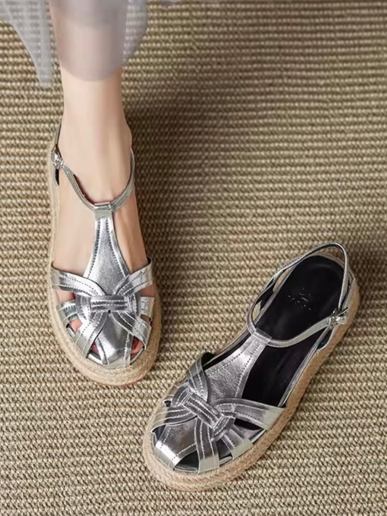 Off white, brown and silver espadrilles platform sandals