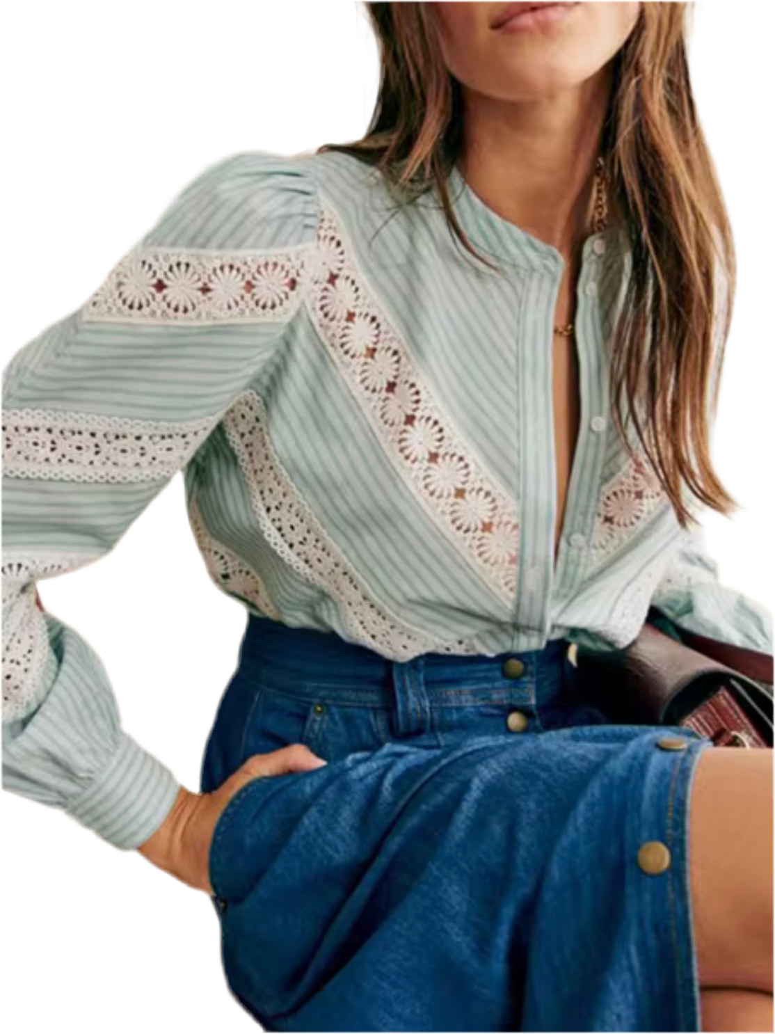 Turquoise striped printed and white lace shirt