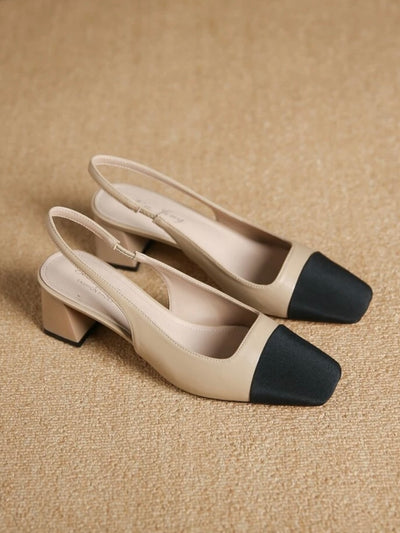 Beige and black low square heel shoes