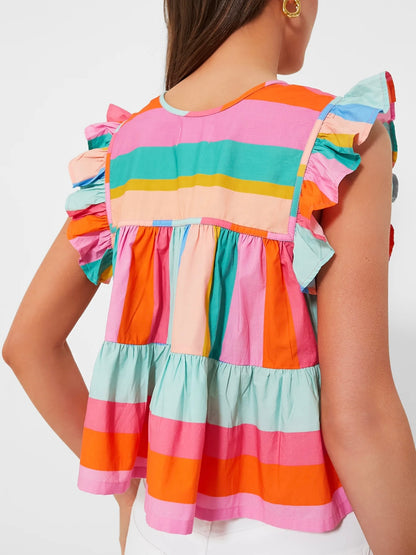 Colorful striped square neck ruffle top