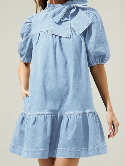 Deep blue short puff sleeves bow jeans short dress