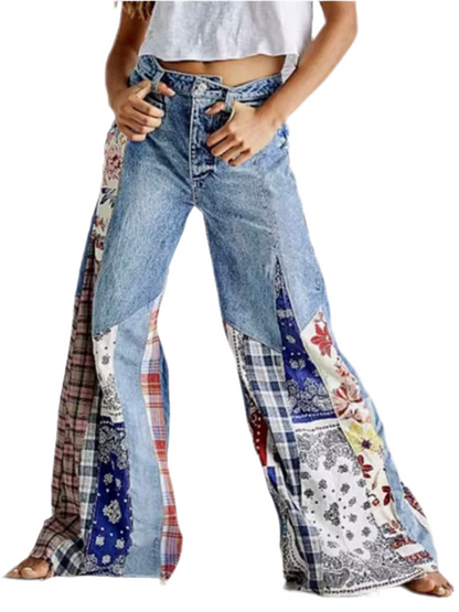 Mix printed fabrics and blue washed flare jeans pants