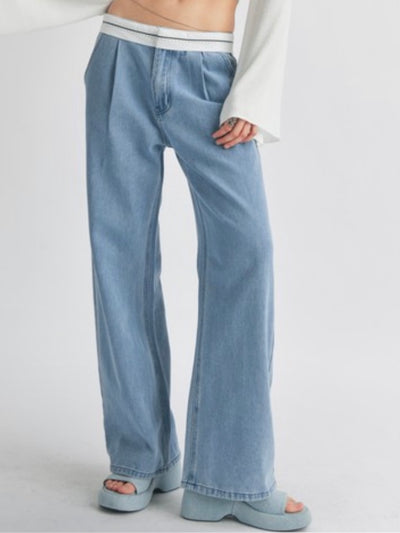 Light blue wide fold over waist pants