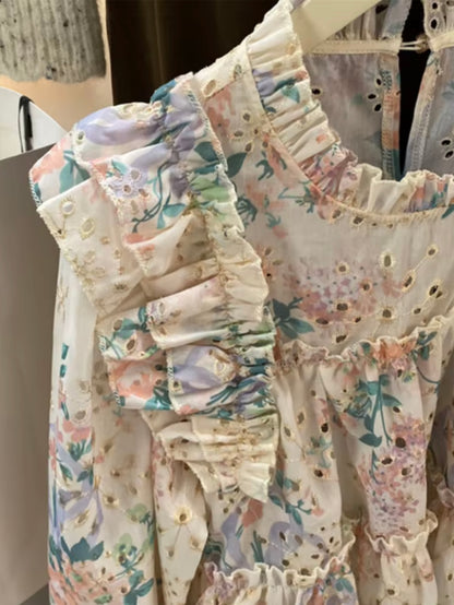 Floral print pastel colors ruffle details shirt