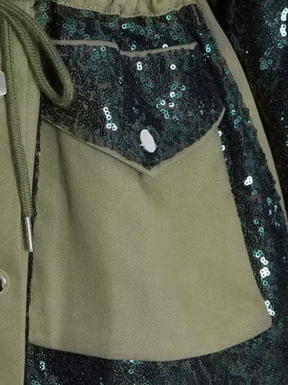 Green jeans sequins patches bubble sleeves jeans jacket