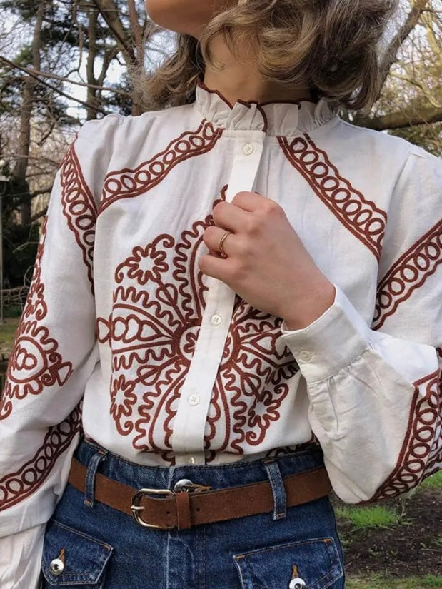 Beige and burgundy embroidered shirt