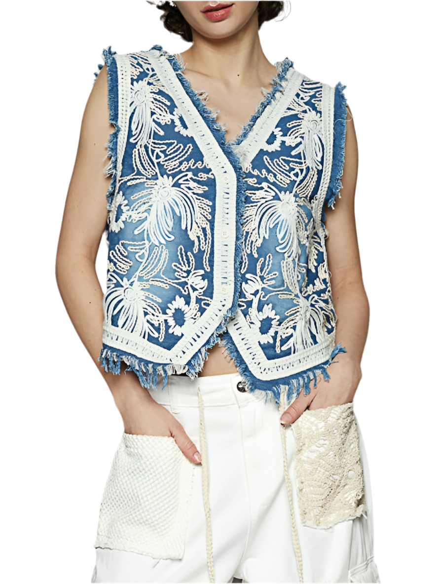 Blue embroidered texture vest