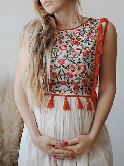Red and white embroidered tassels maxi dress