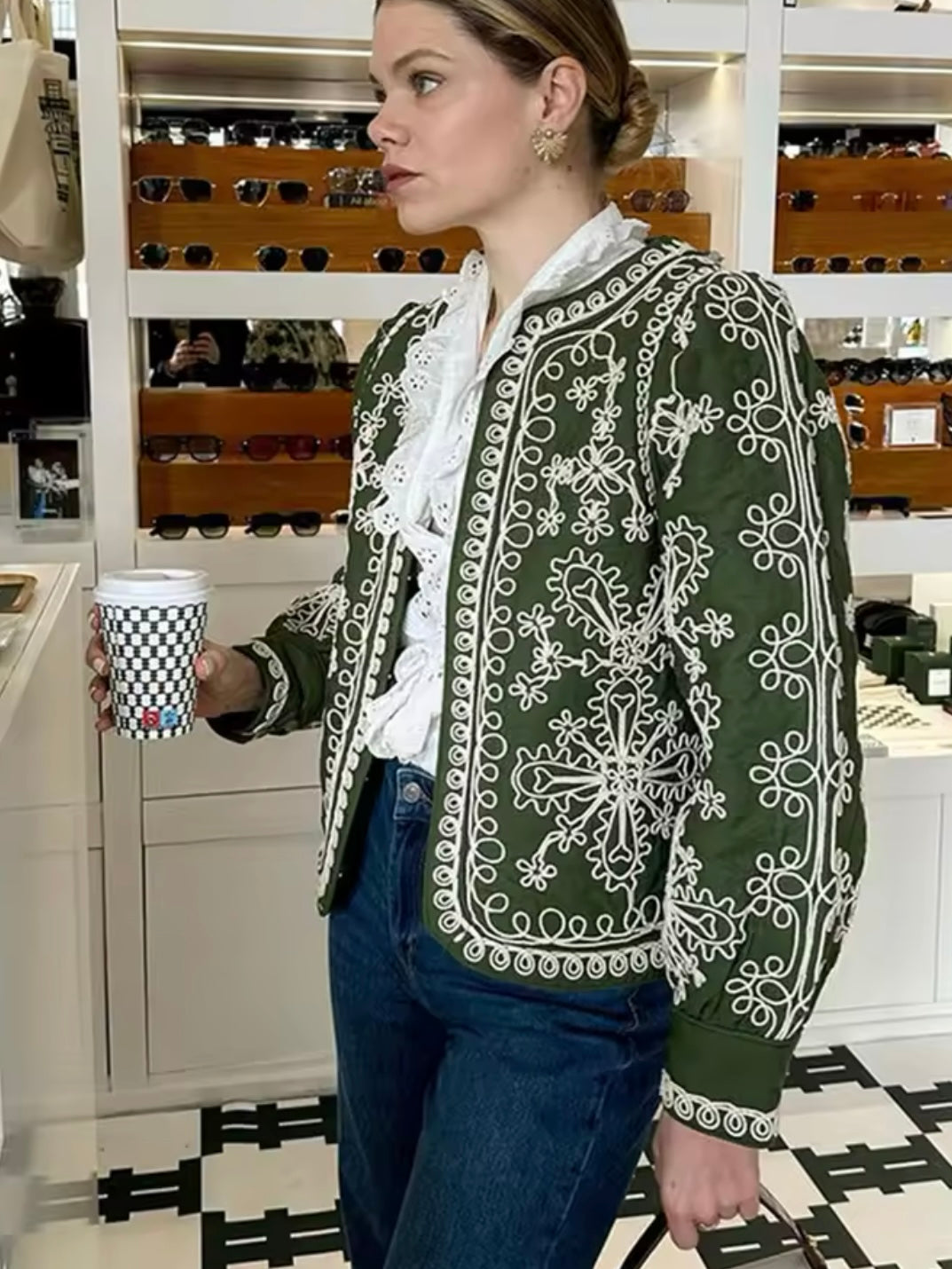 Green and white embroidered jackey