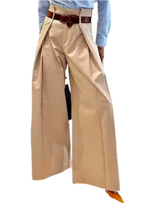 Beige big pleats loose fit wide pants