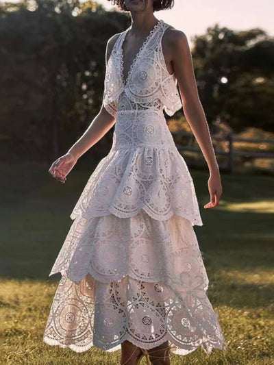 White layered ruffled maxi dress