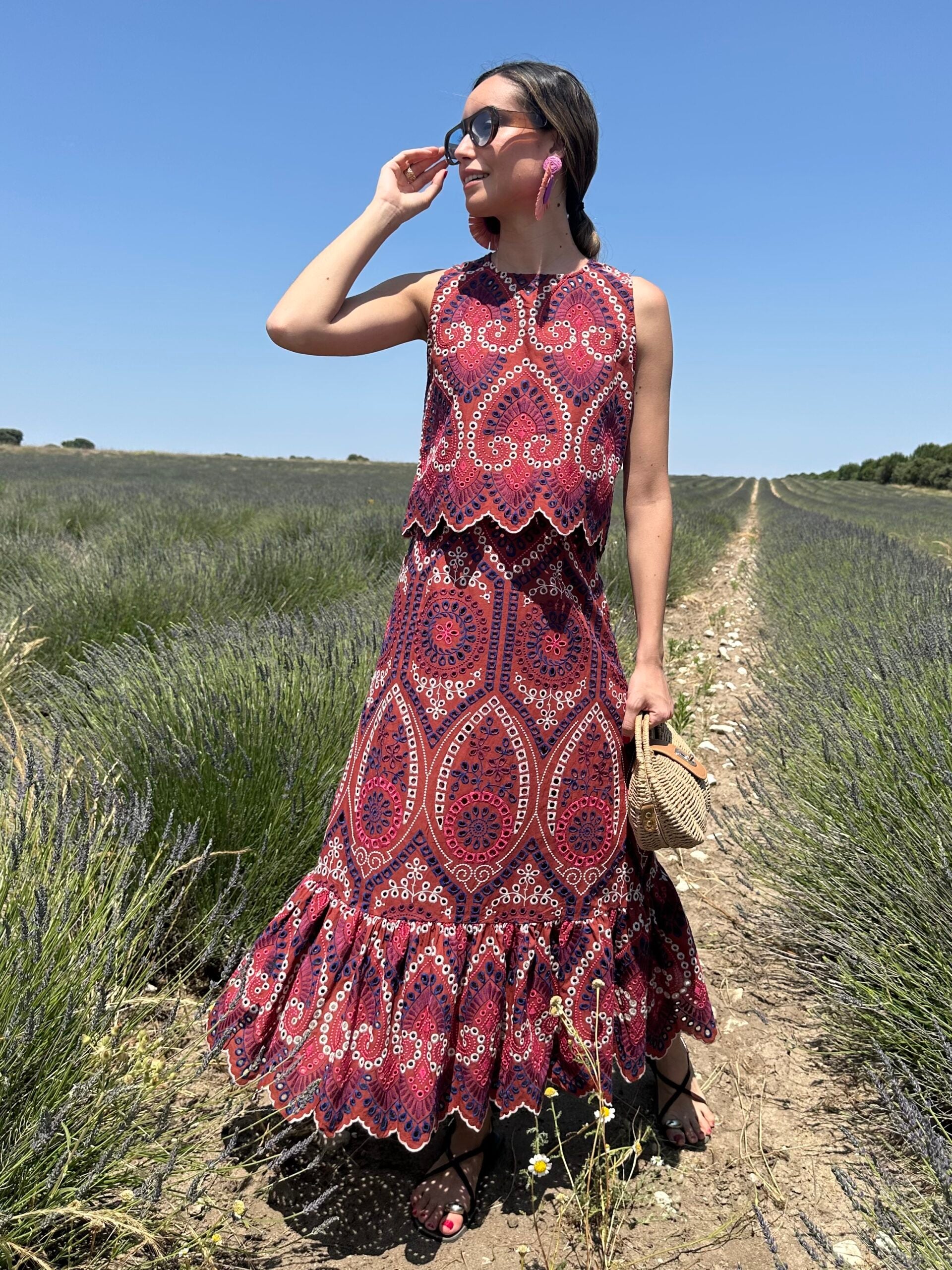 Burgundy Eyelet Lace 2-Piece Set – Top & Midi Skirt