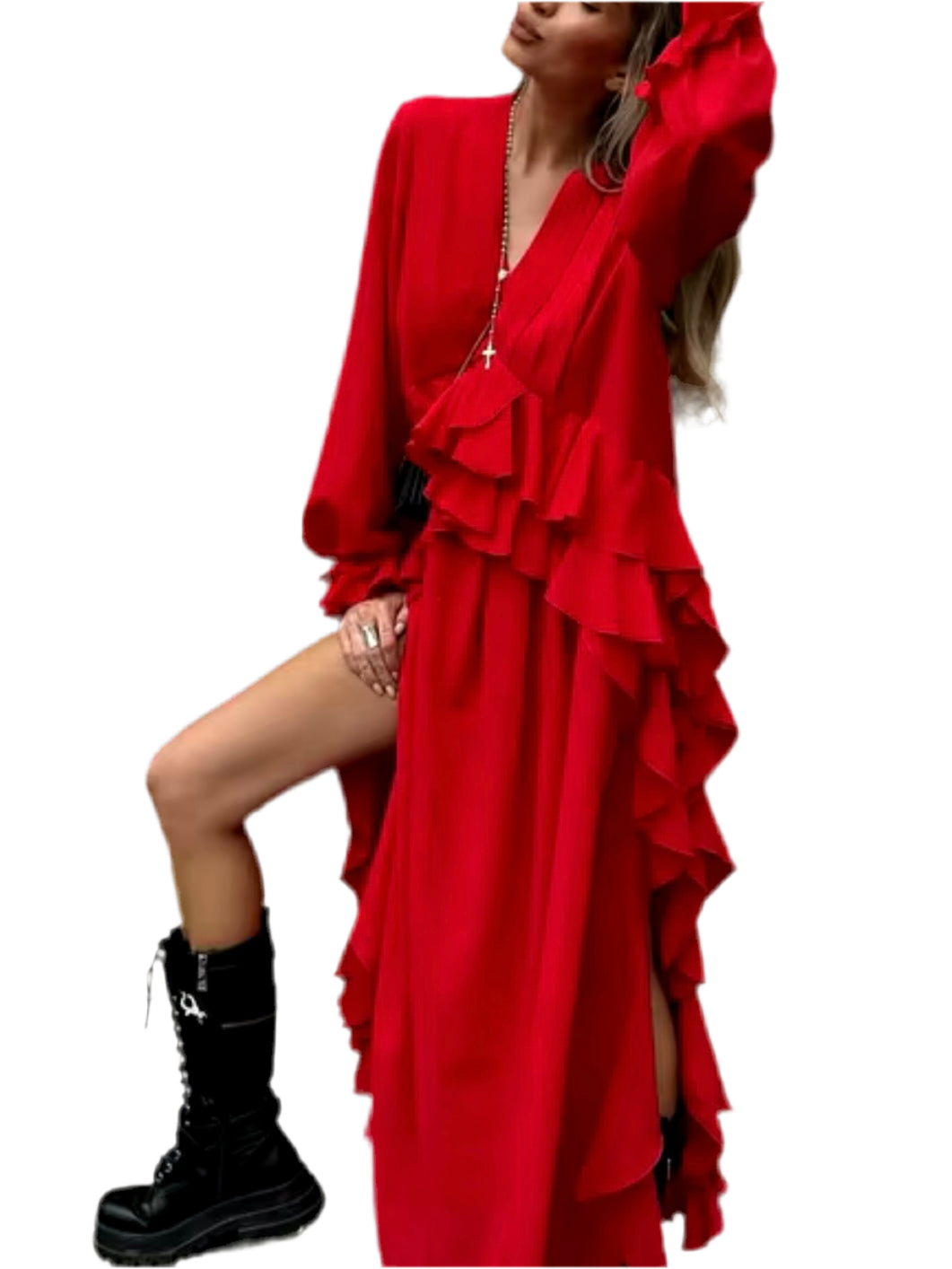 Red ruffle asymmetrical maxi dress