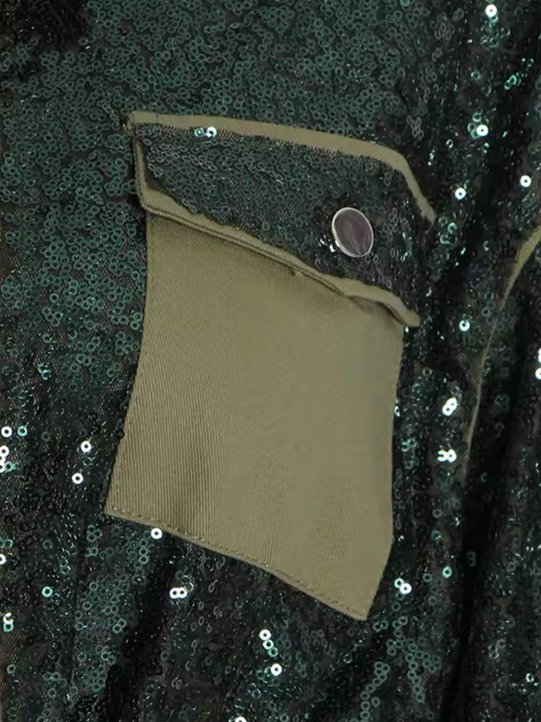 Green jeans sequins patches bubble sleeves jeans jacket