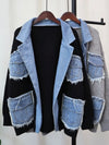 Black and mid blue denim patchwork details jacket