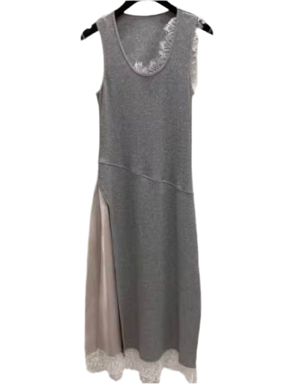 Gray mix fabrics lace edge spaghetti tube maxi dress