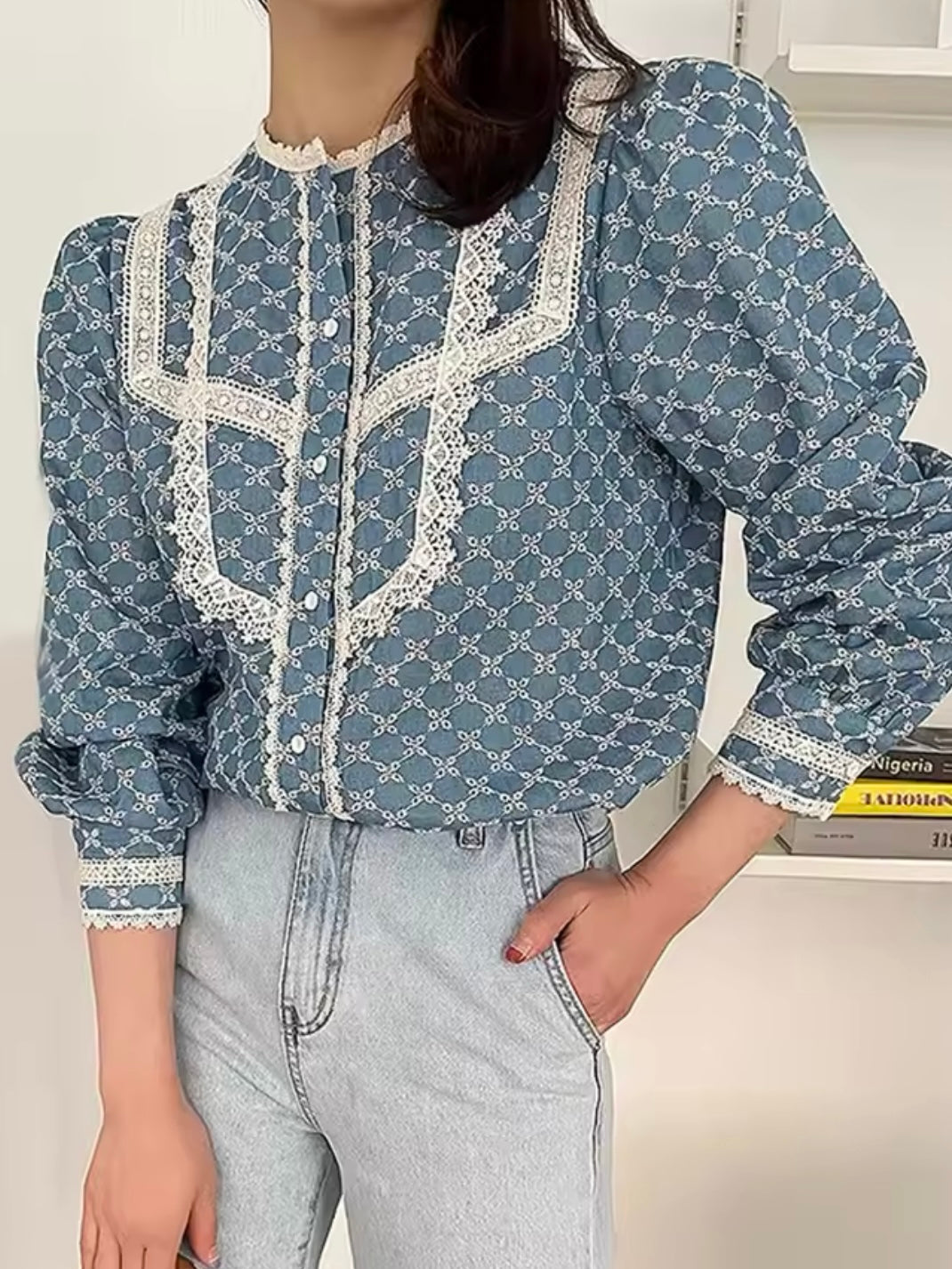 Blue and beige printed lace ruffle details shirt