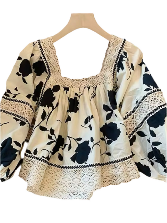 Beige and black floral printed crochet details shirt