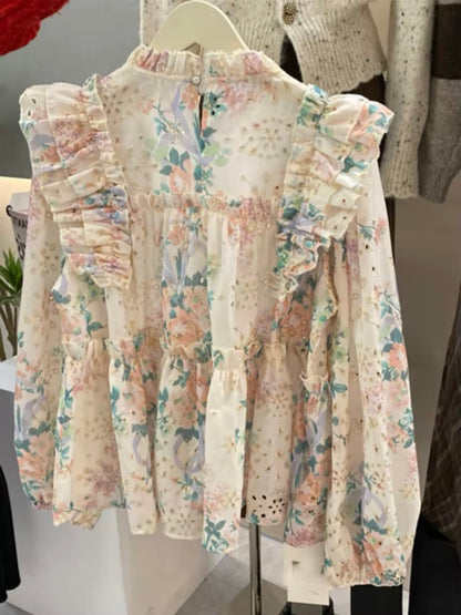 Floral print pastel colors ruffle details shirt